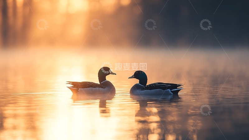 高清大图下载【趣麦麦图】日出湖面鸳鸯剪影