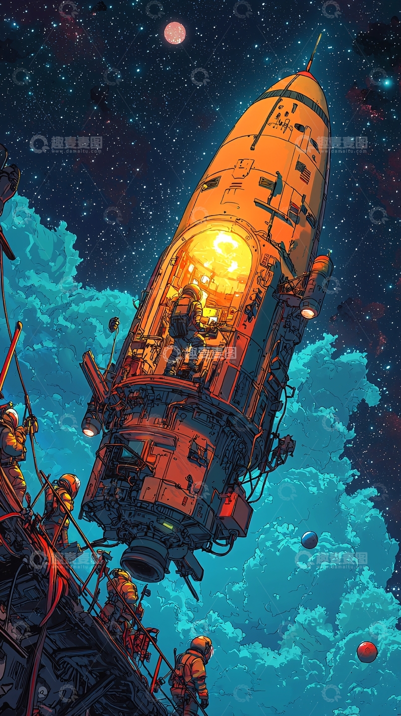 高清大图下载【趣麦麦图】星空下的火箭发射场景