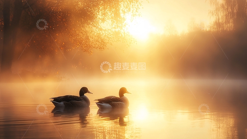 高清大图下载【趣麦麦图】清晨薄雾中一对鸭子