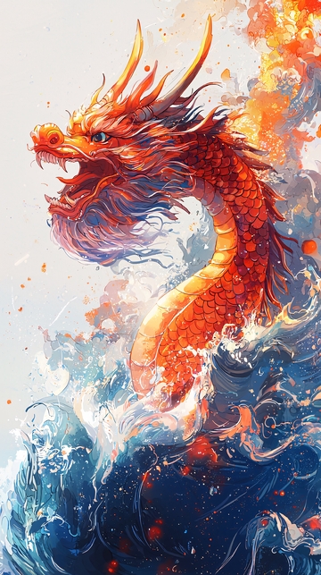 红色中国龙在海浪中飞腾