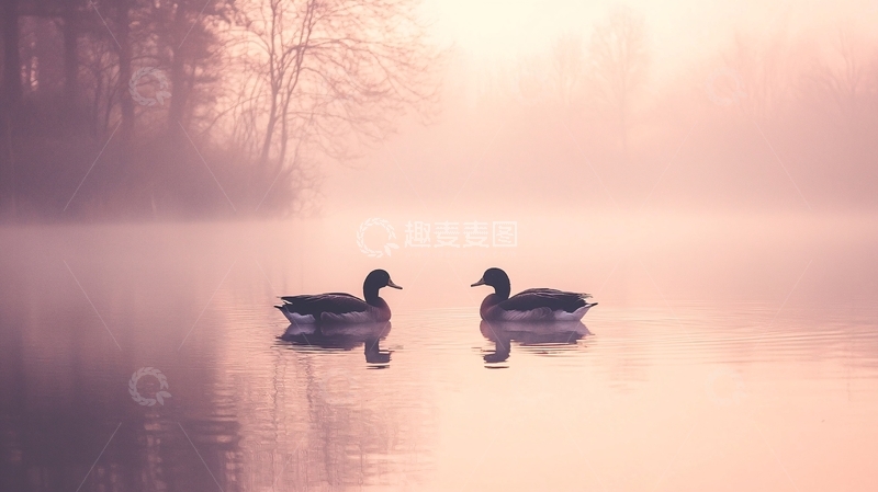 高清大图下载【趣麦麦图】雾中鸳鸯湖面晨曦