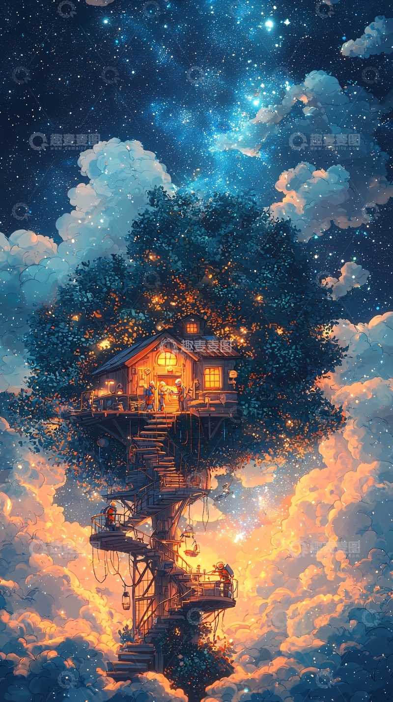 高清大图下载【趣麦麦图】树屋在星空云海之间