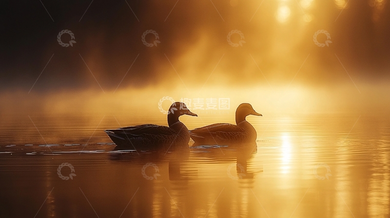 高清大图下载【趣麦麦图】晨雾中一对鸭子剪影
