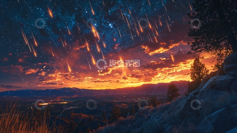 高清大图下载【趣麦麦图】火流星雨下的山峰景色