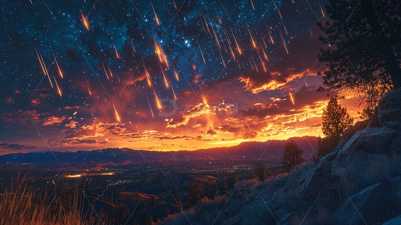 高清大图下载【趣麦麦图】火流星雨下的山峰景色