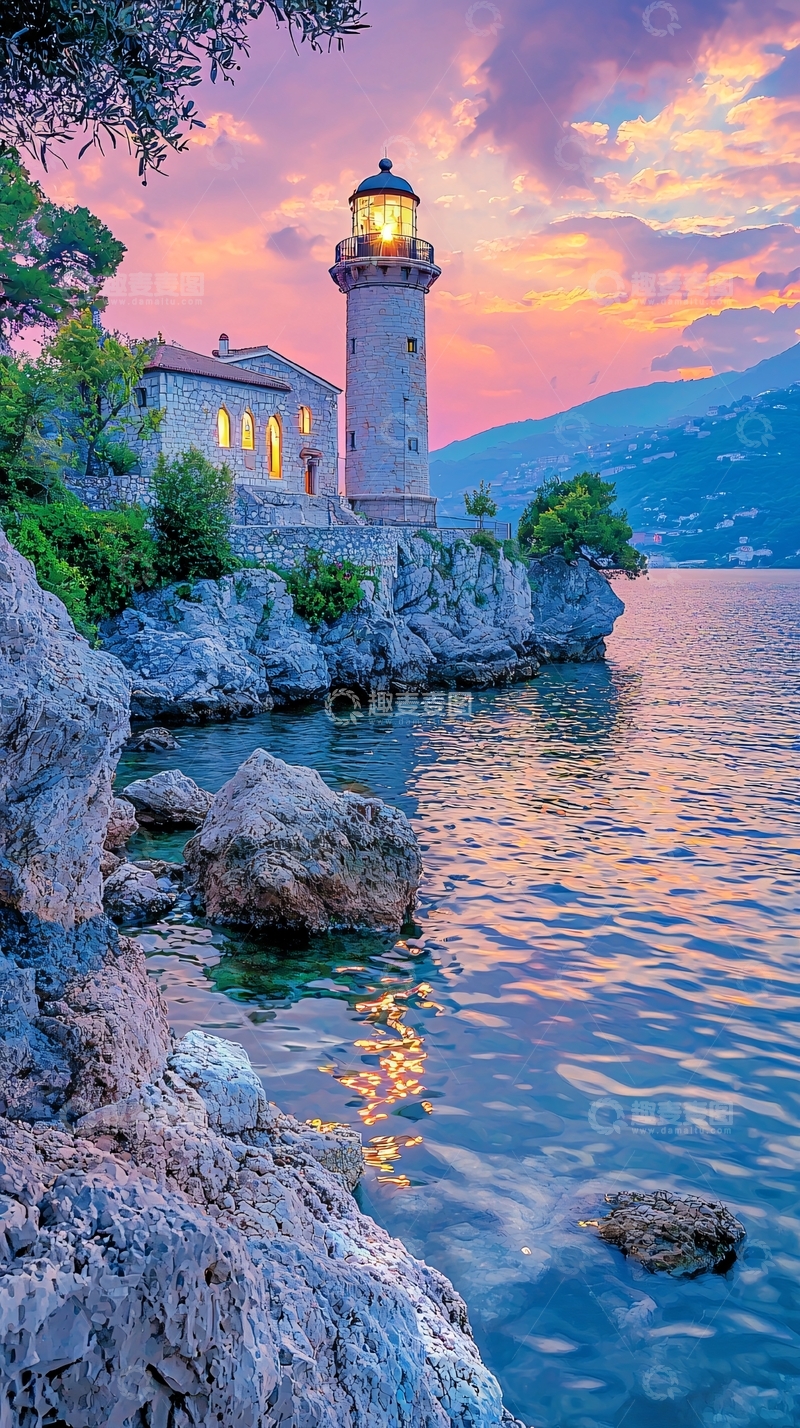 高清大图下载【趣麦麦图】傍晚海边灯塔风景