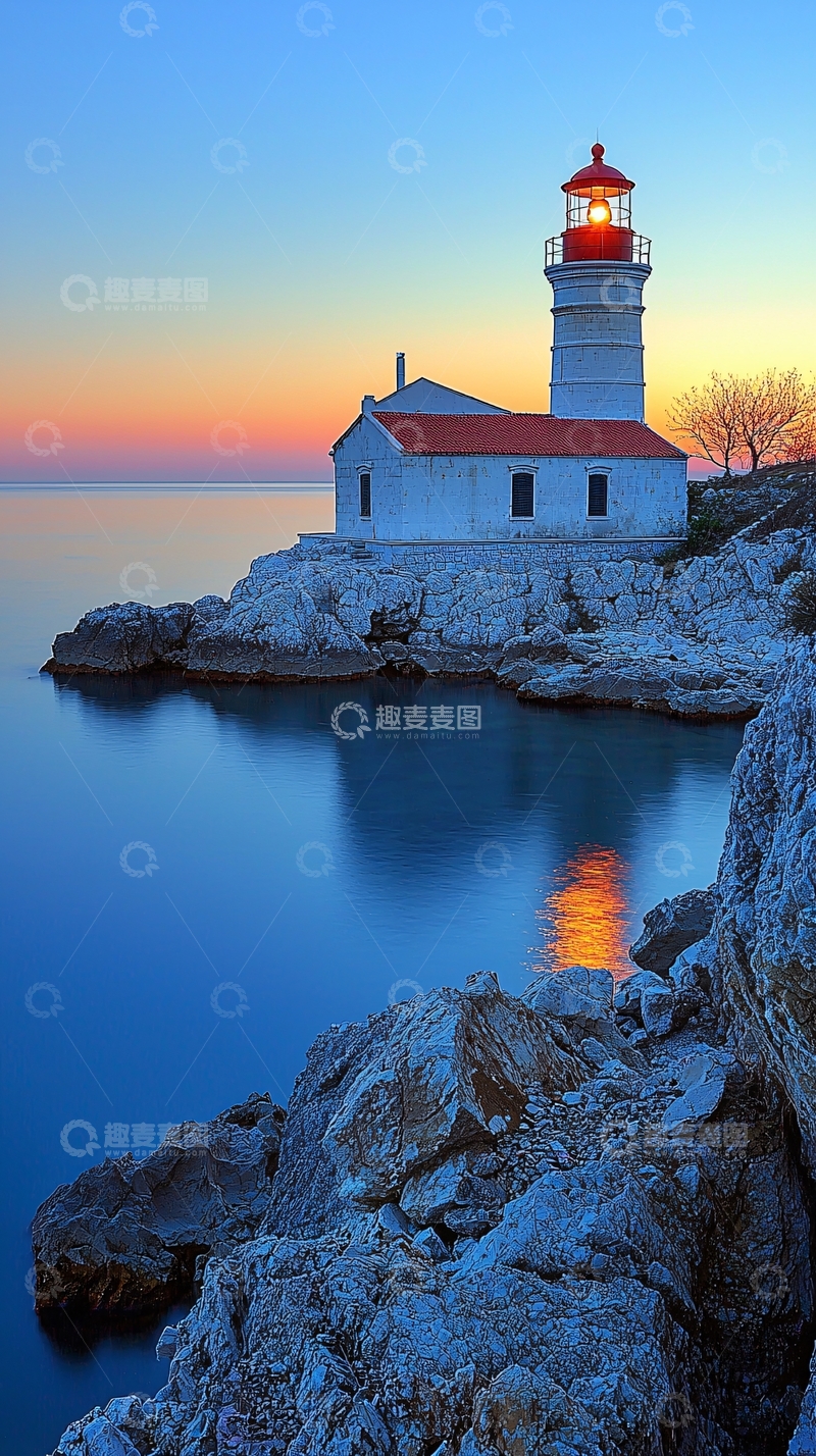 高清大图下载【趣麦麦图】日落下的灯塔在海岸边