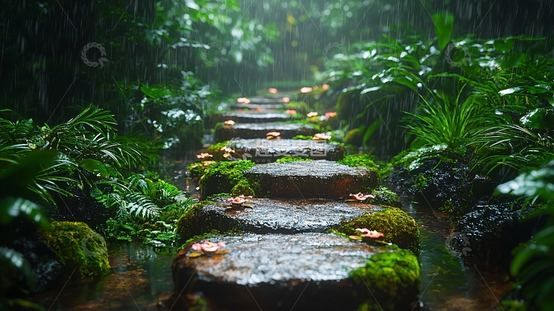 高清大图下载【趣麦麦图】雨中石阶小路