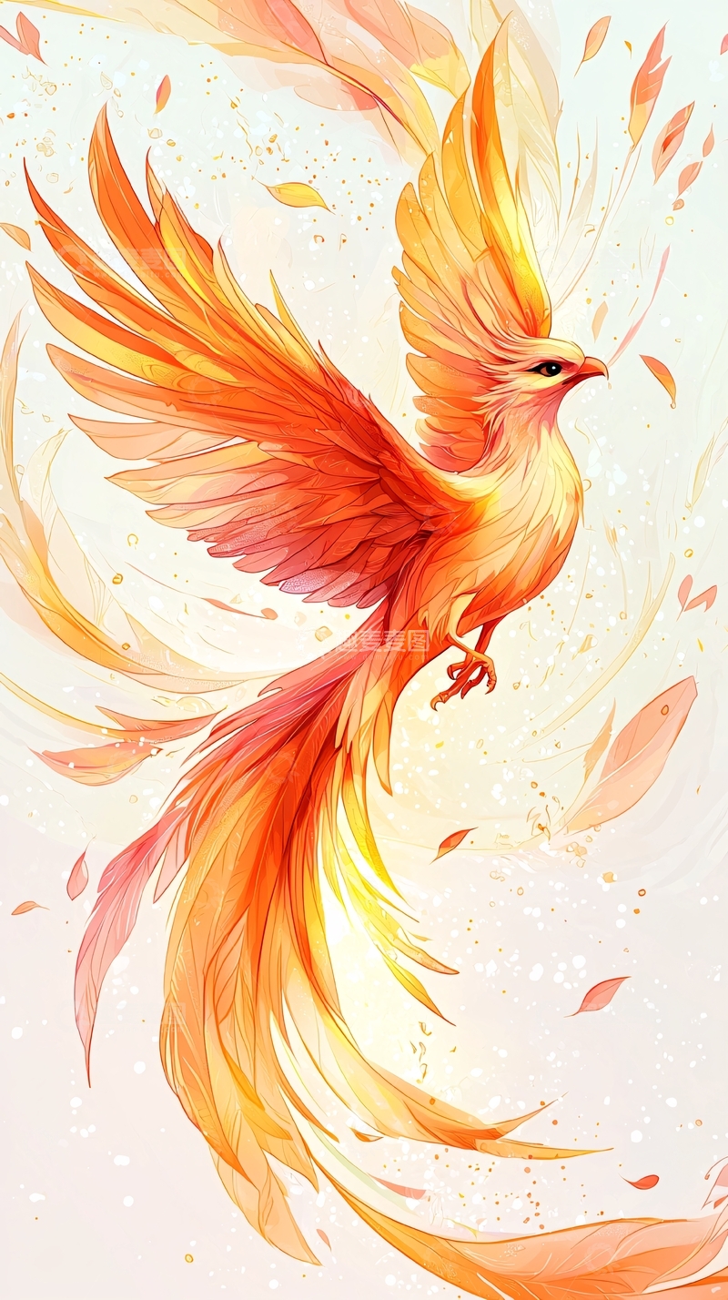 高清大图下载【趣麦麦图】金色凤凰水彩插画