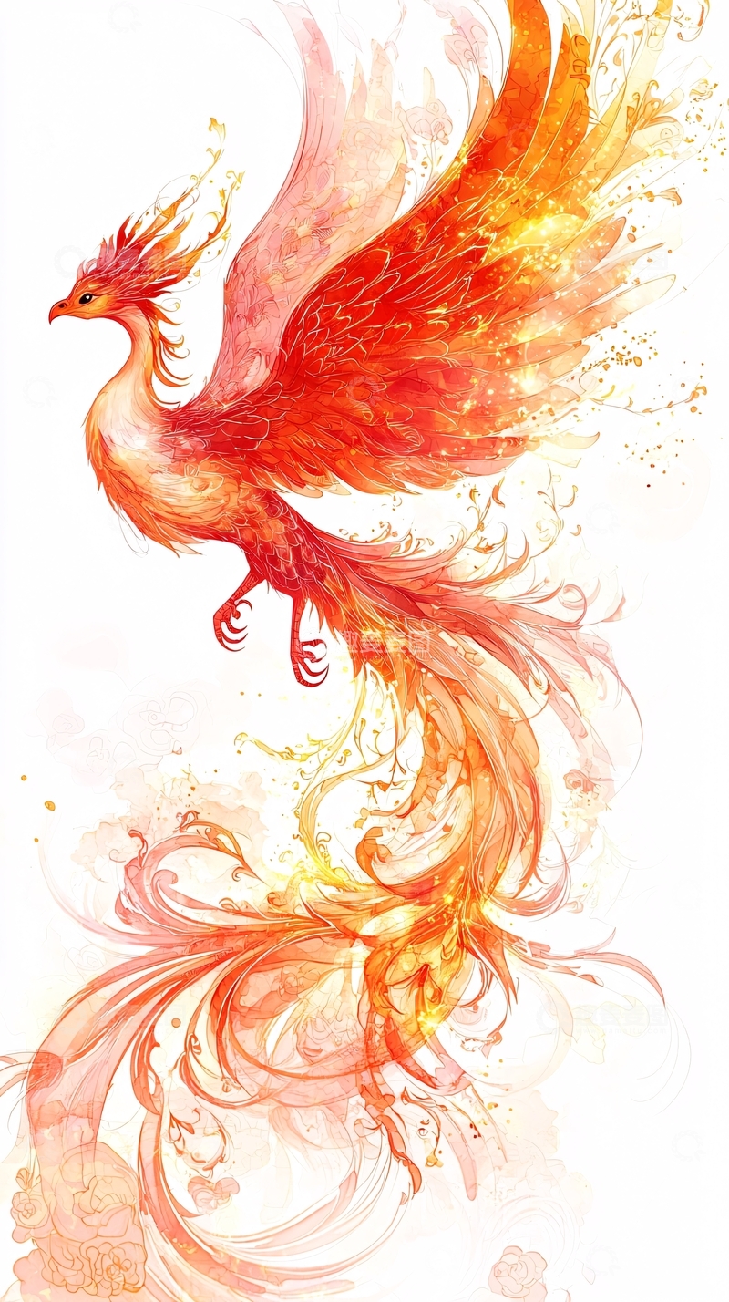 高清大图下载【趣麦麦图】燃烧的凤凰水彩画