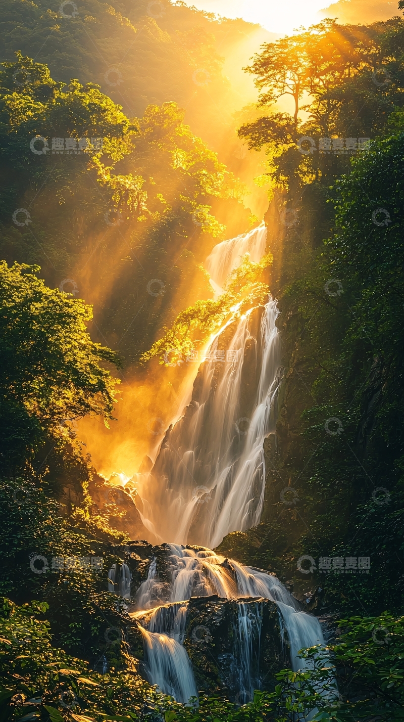 高清大图下载【趣麦麦图】阳光洒在瀑布上的森林