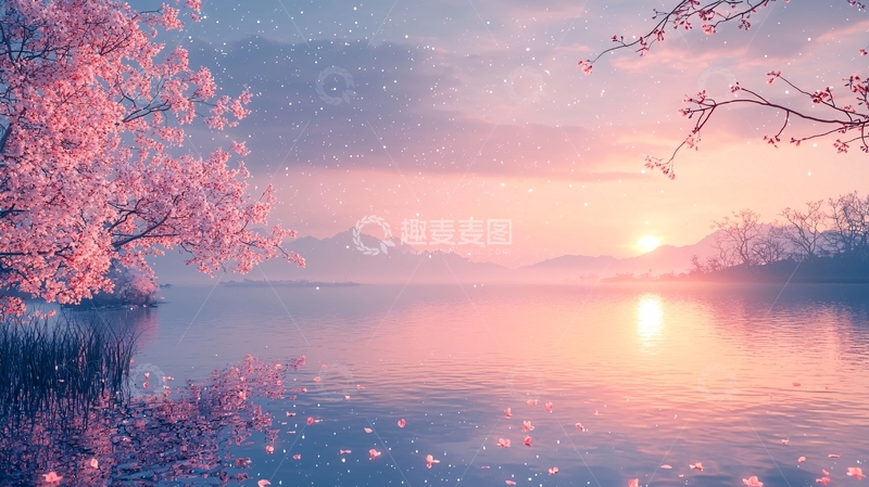 高清大图下载【趣麦麦图】粉色樱花湖边日落