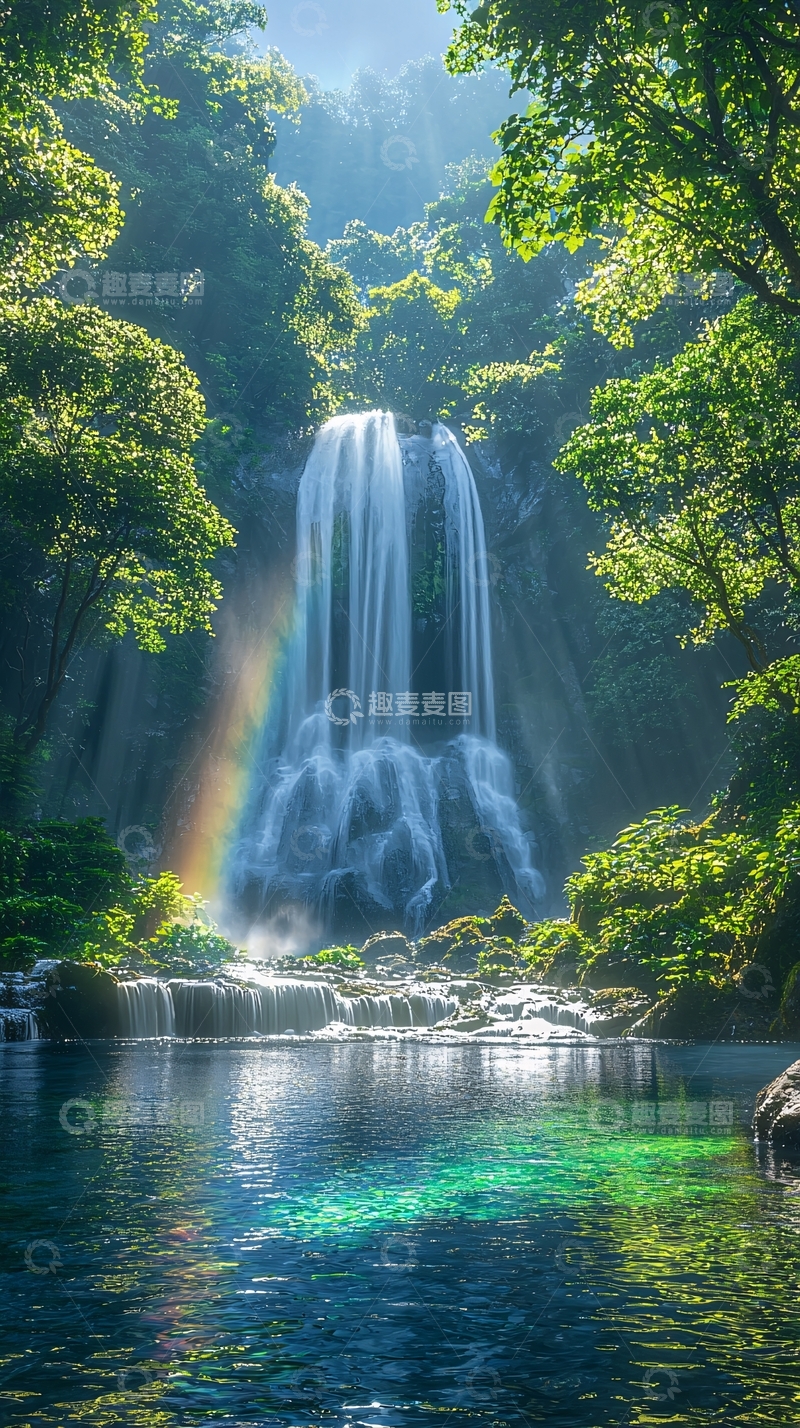 高清大图下载【趣麦麦图】森林瀑布彩虹下的清澈水潭