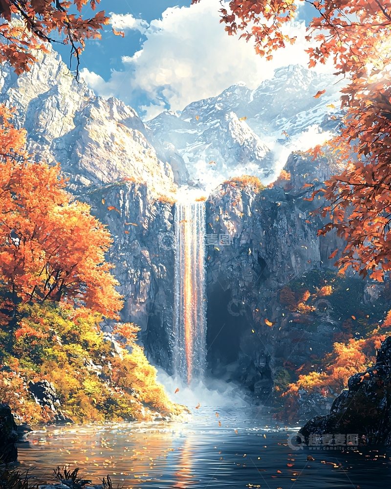 高清大图下载【趣麦麦图】秋日山间壮丽瀑布