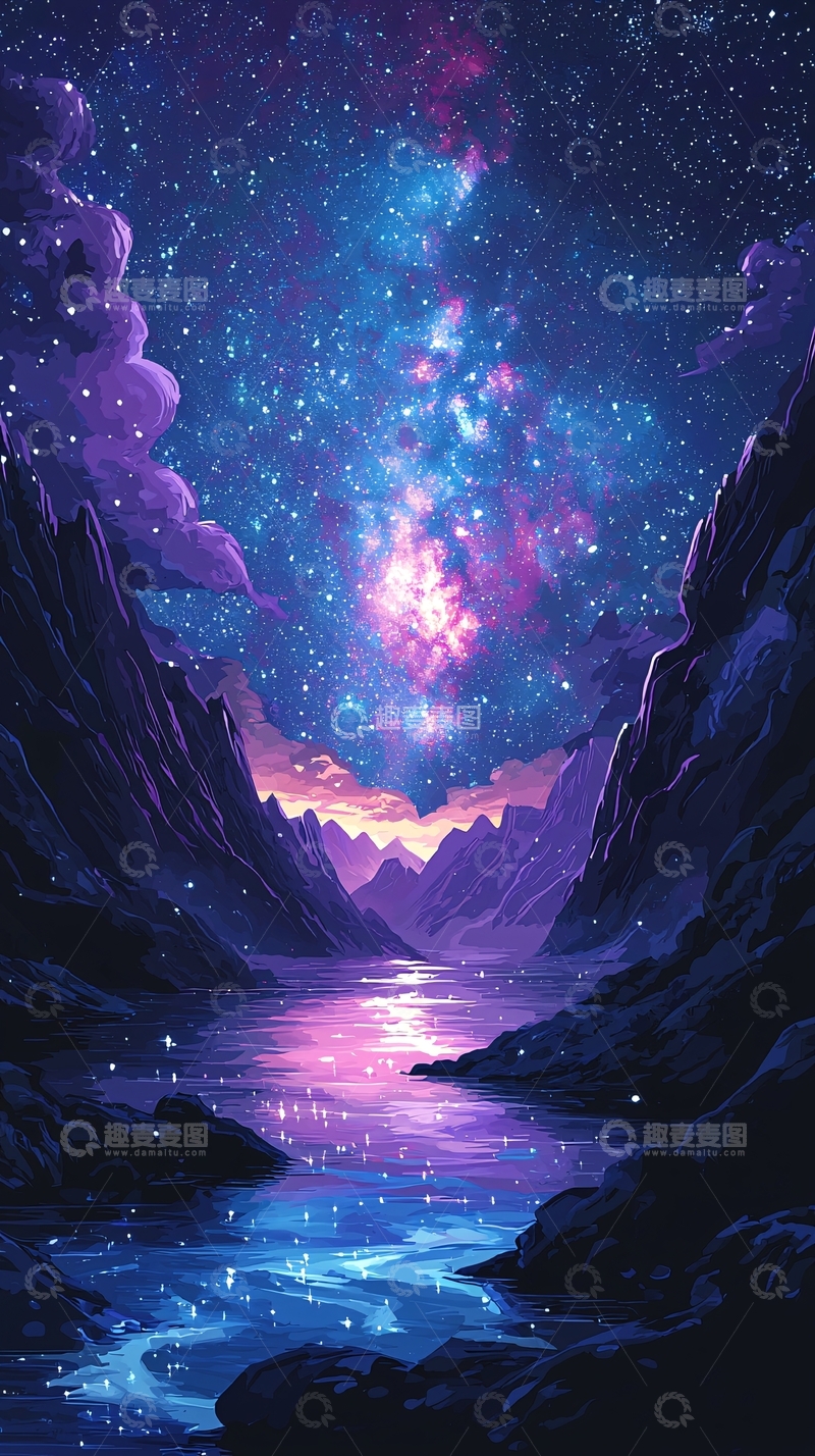 高清大图下载【趣麦麦图】星空下的山谷河流梦幻景象