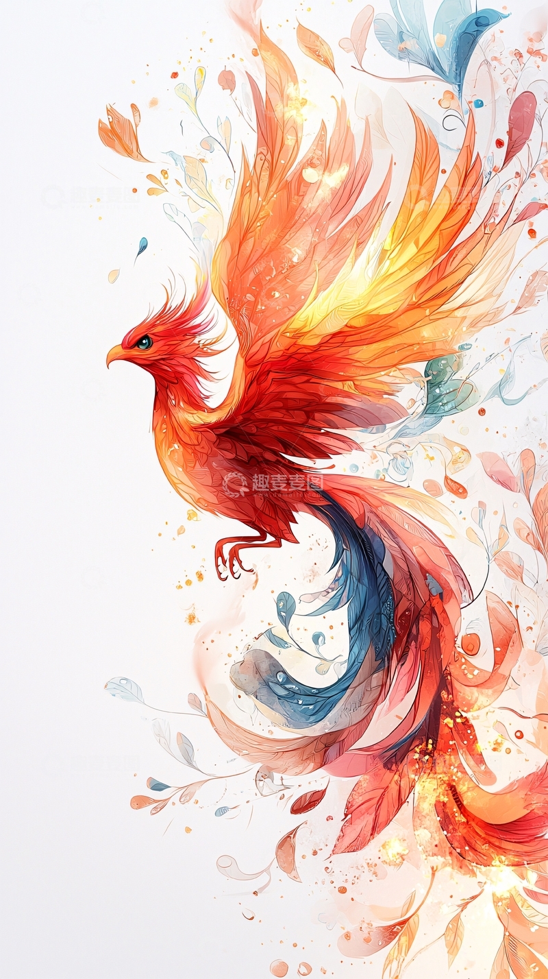 高清大图下载【趣麦麦图】水彩风格的红色凤凰飞翔
