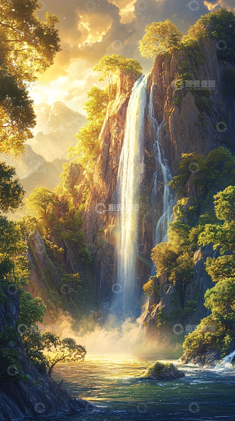 高清大图下载【趣麦麦图】金色阳光下的瀑布