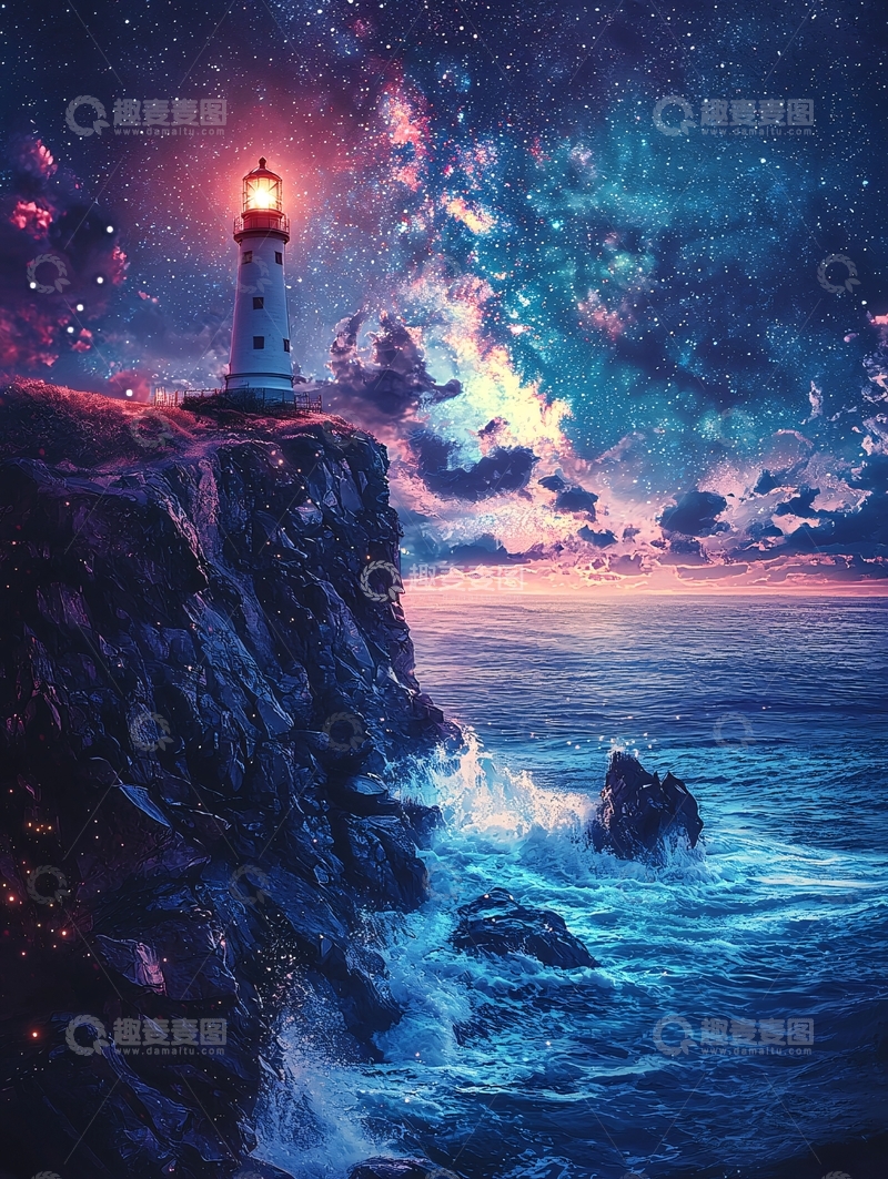 高清大图下载【趣麦麦图】梦幻星空下的灯塔