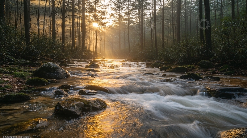 高清大图下载【趣麦麦图】森林溪流日出晨雾