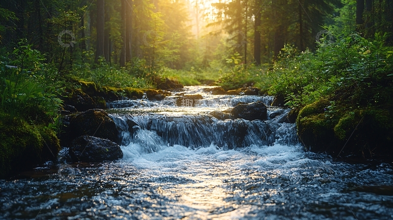 高清大图下载【趣麦麦图】森林溪流日落