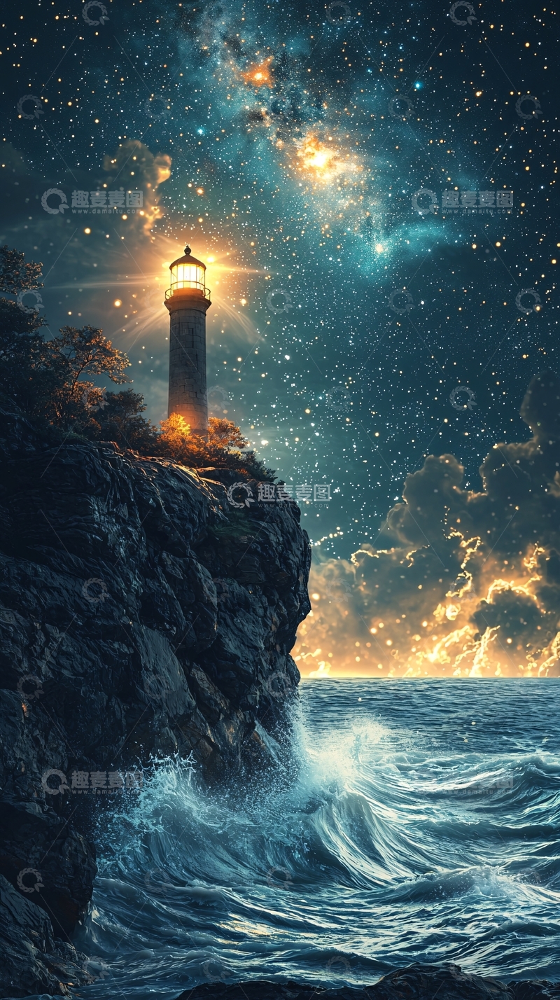 高清大图下载【趣麦麦图】星空下海边灯塔夜景