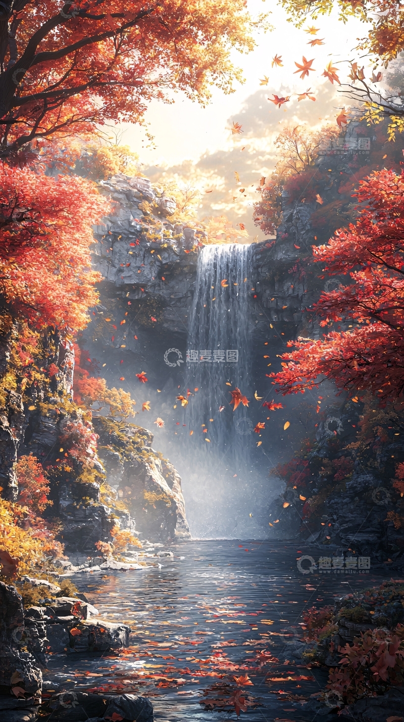 高清大图下载【趣麦麦图】秋日瀑布红叶森林
