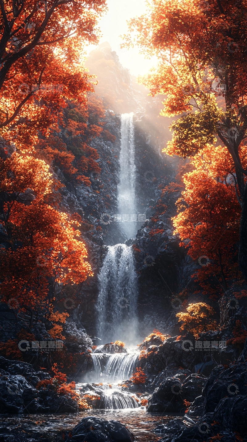 高清大图下载【趣麦麦图】秋色瀑布美景