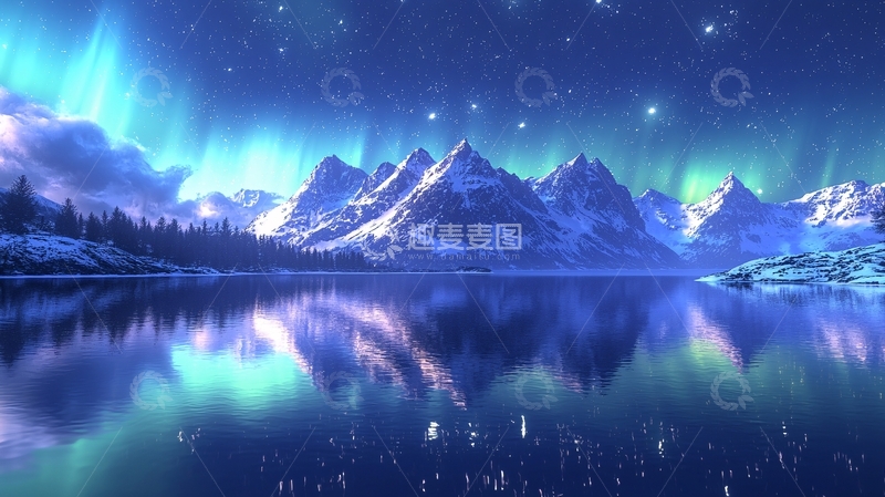 高清大图下载【趣麦麦图】宁静湖面上的极光夜景