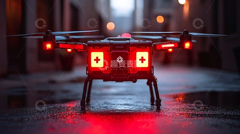 高清大图下载【趣麦麦图】夜间城市街道上的红色无人机