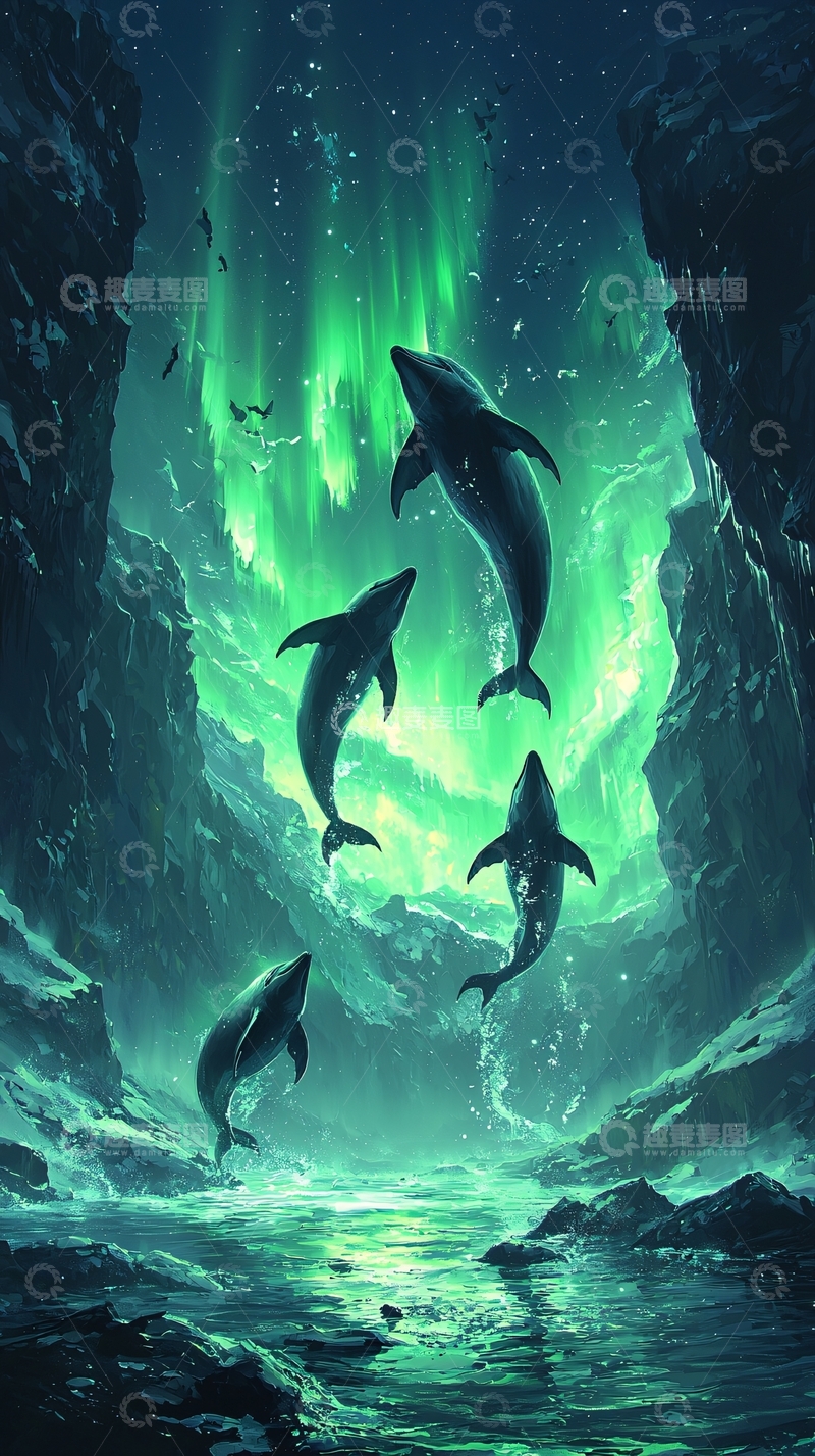 高清大图下载【趣麦麦图】极光下跃起的鲸鱼