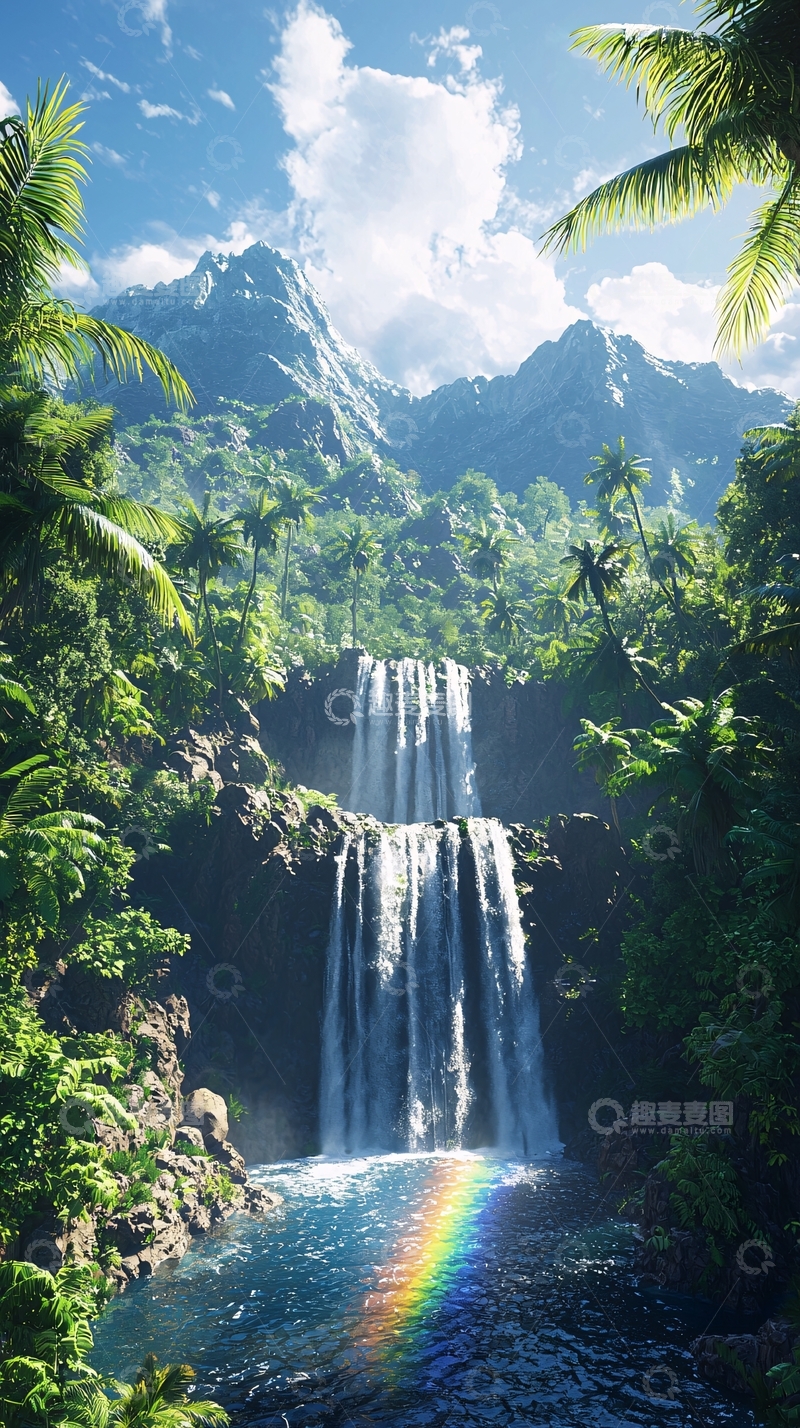 高清大图下载【趣麦麦图】热带雨林瀑布彩虹