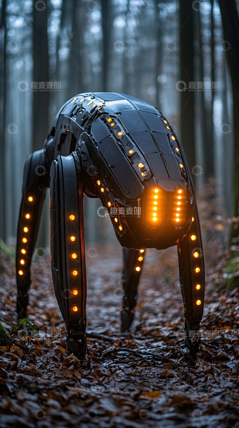 高清大图下载【趣麦麦图】森林中黑色四足机器人