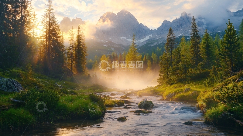 高清大图下载【趣麦麦图】日出山峰溪流森林