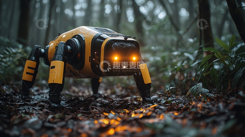 高清大图下载【趣麦麦图】森林里黄色四足机器人