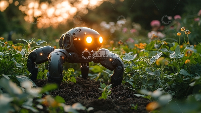 高清大图下载【趣麦麦图】夕阳下的小型机器人