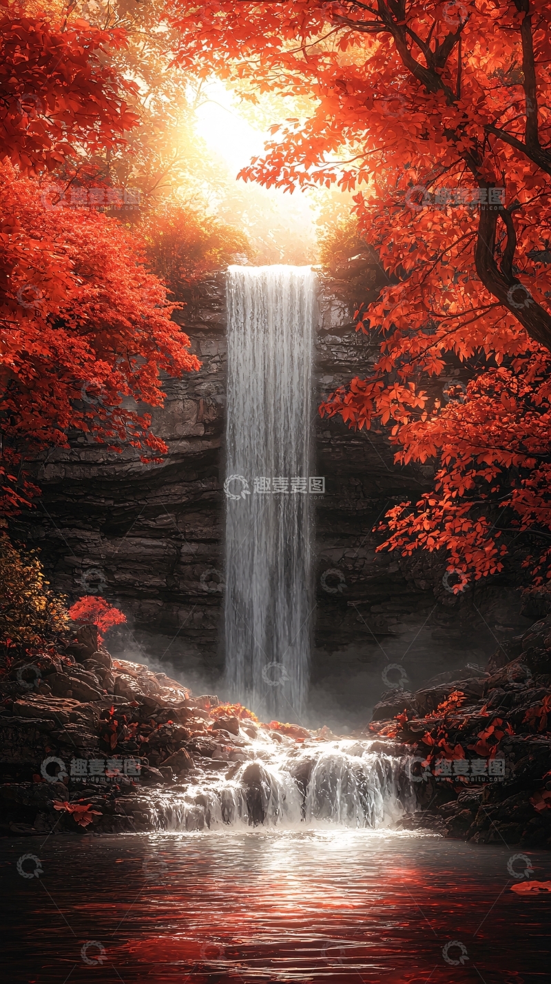高清大图下载【趣麦麦图】秋日红叶瀑布美景