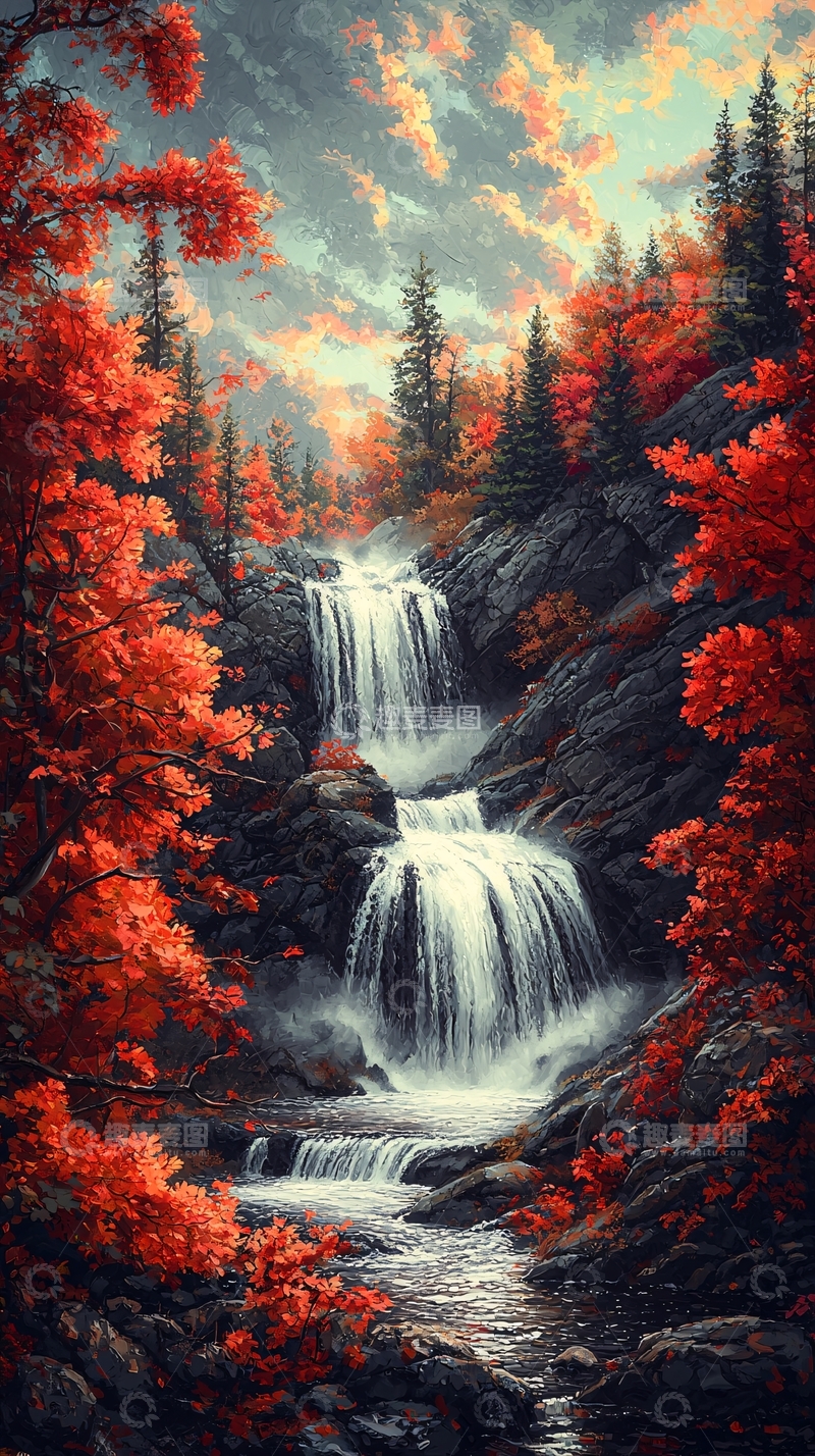 高清大图下载【趣麦麦图】秋色瀑布山水画意境