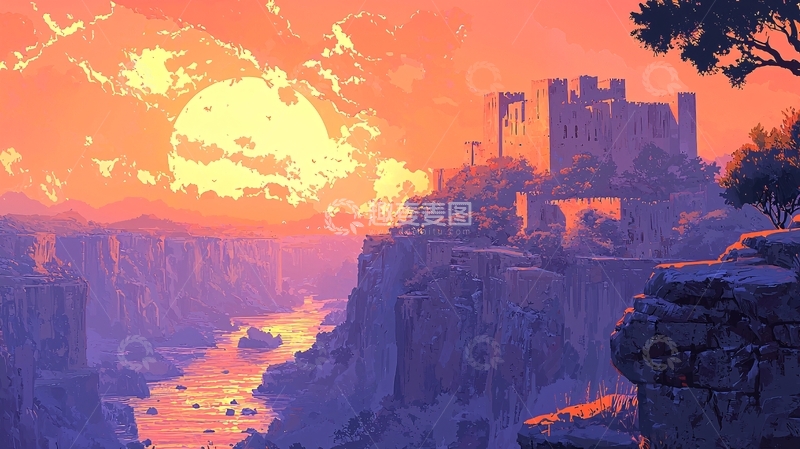 高清大图下载【趣麦麦图】壮丽日落下的古老城堡