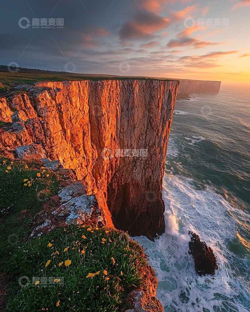 高清大图下载【趣麦麦图】落日余晖下的海边悬崖
