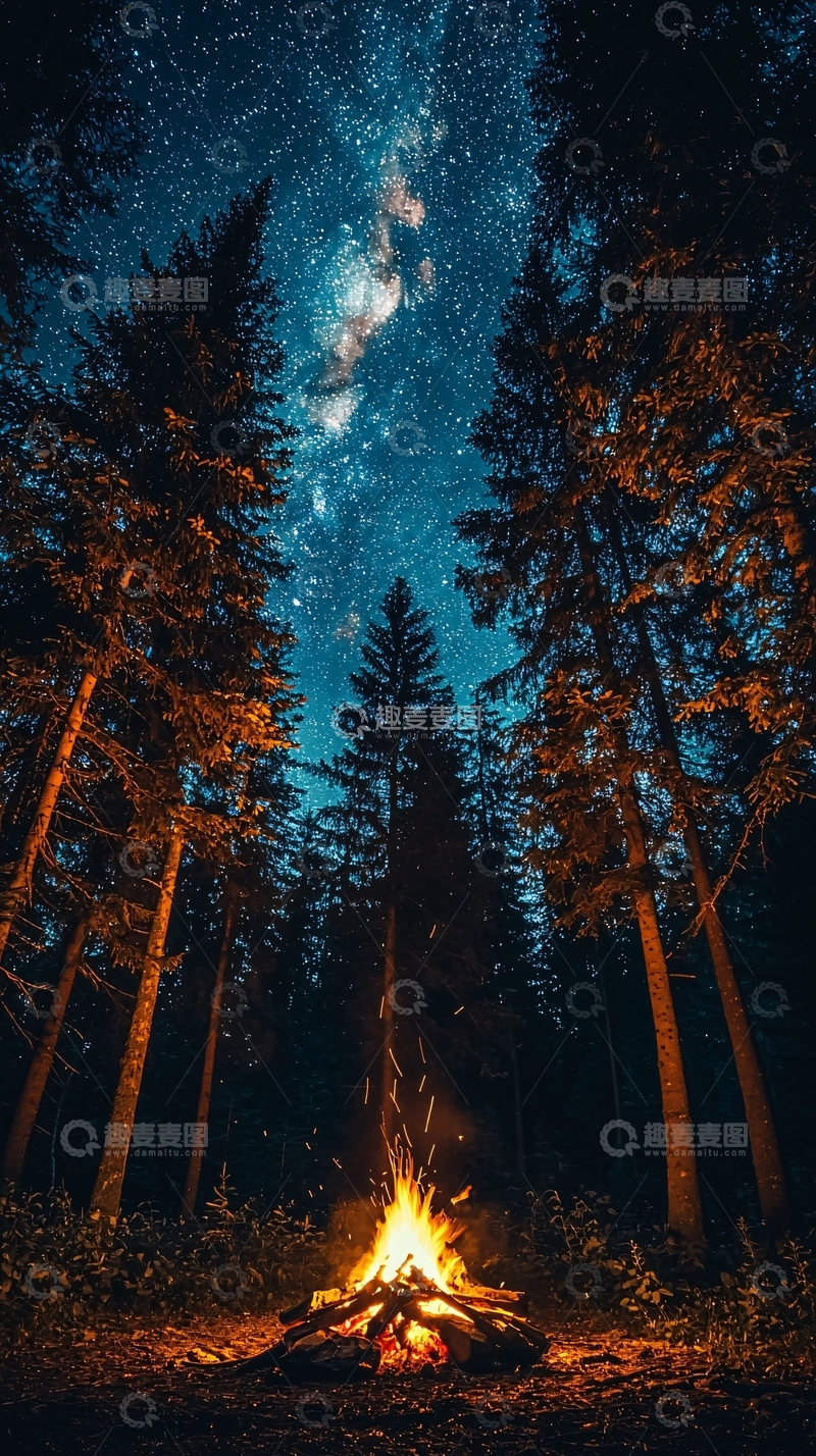 高清大图下载【趣麦麦图】篝火星空下的森林夜景