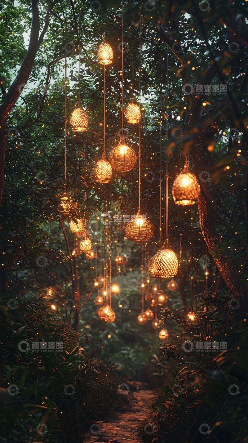 高清大图下载【趣麦麦图】森林中的藤编灯笼