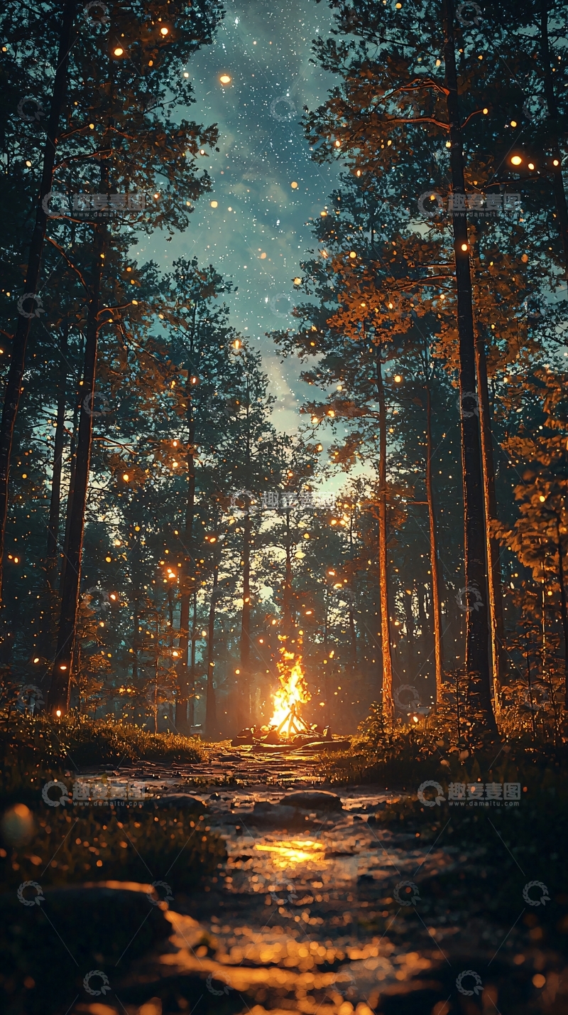 高清大图下载【趣麦麦图】森林夜景篝火点点星光