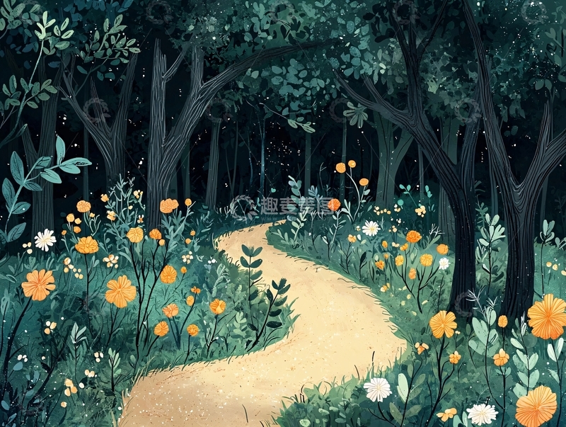 高清大图下载【趣麦麦图】林间小路鲜花盛开