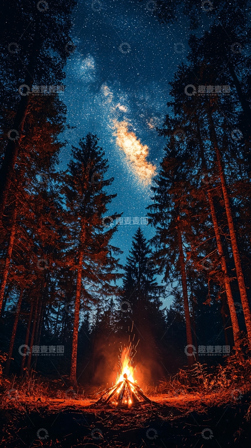 高清大图下载【趣麦麦图】星空篝火森林夜景