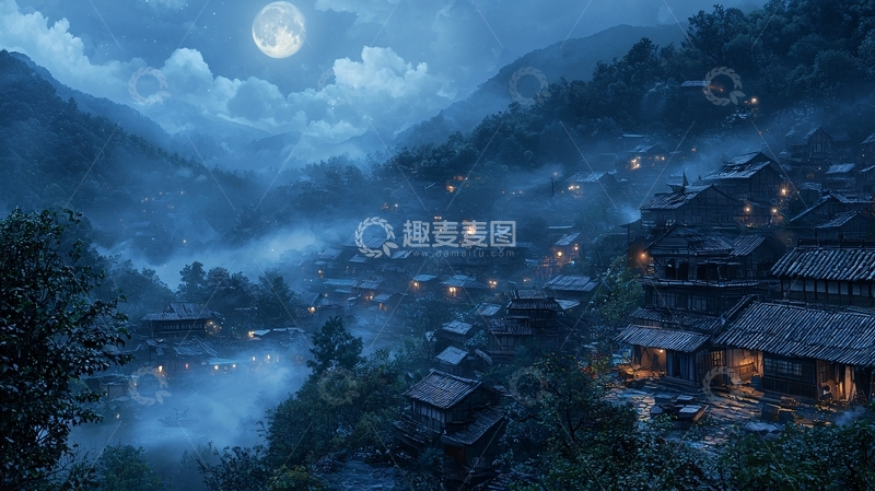 高清大图下载【趣麦麦图】月夜山村