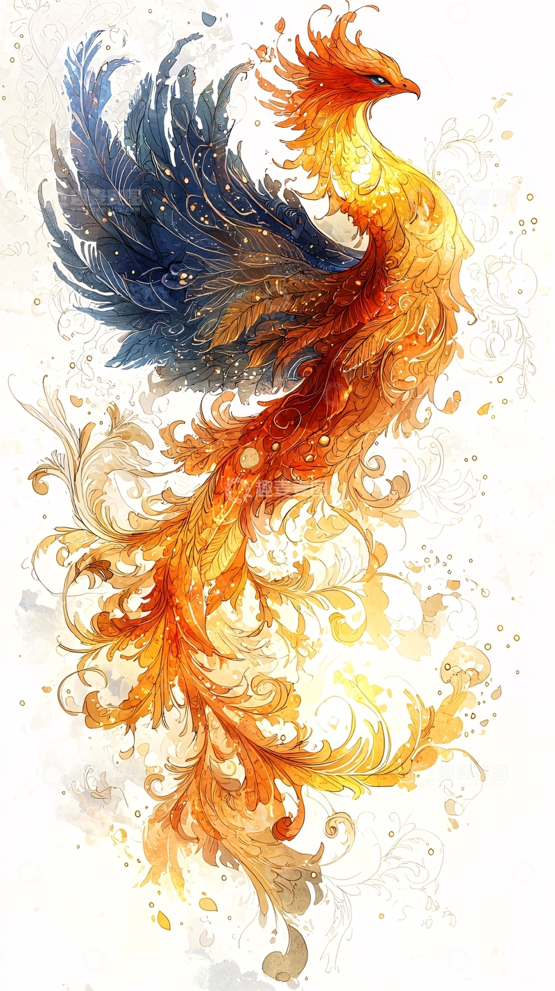 高清大图下载【趣麦麦图】火焰般的凤凰水彩画