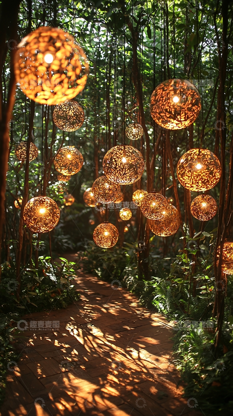 高清大图下载【趣麦麦图】森林小路灯光