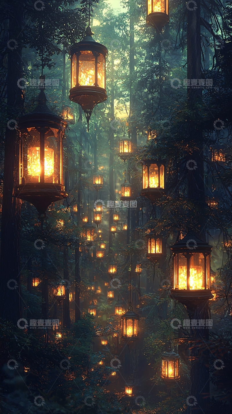 高清大图下载【趣麦麦图】森林中的灯笼小路