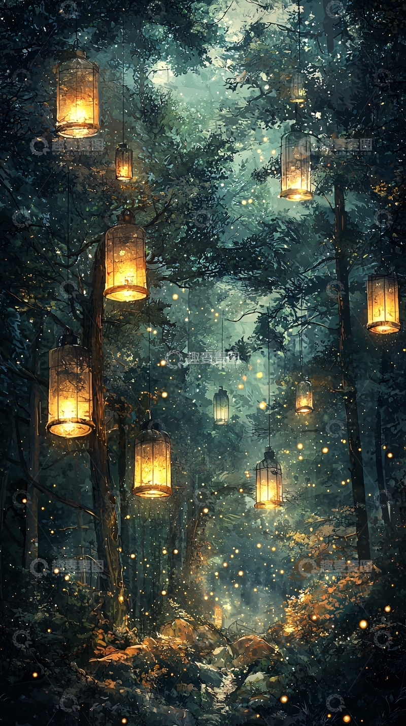 高清大图下载【趣麦麦图】森林中的灯笼小路
