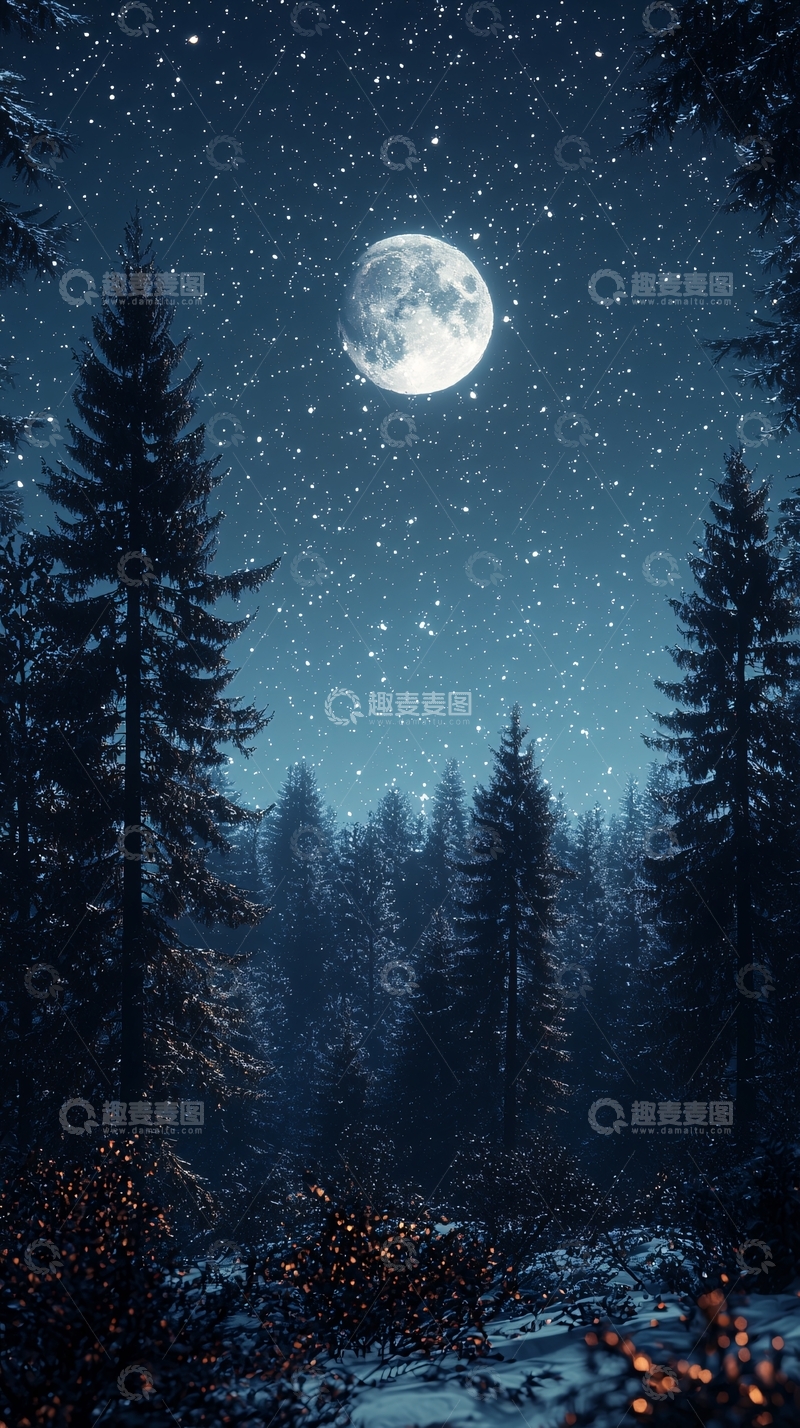 高清大图下载【趣麦麦图】夜空森林月亮繁星